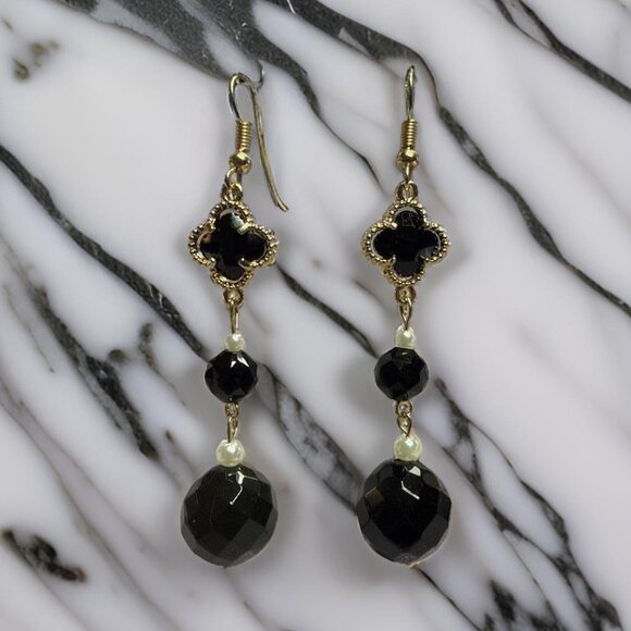 Earrings Black Obsidian Clover Dangle Jewelry Fashion Trending Gift Stainless - Picture 3 of 5